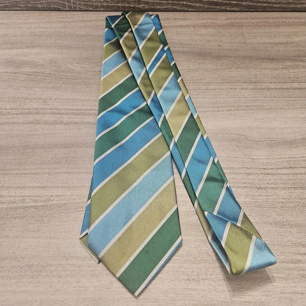 David‎ Donahue Luxury Tie Blue Green Gold Striped 100% Silk Necktie